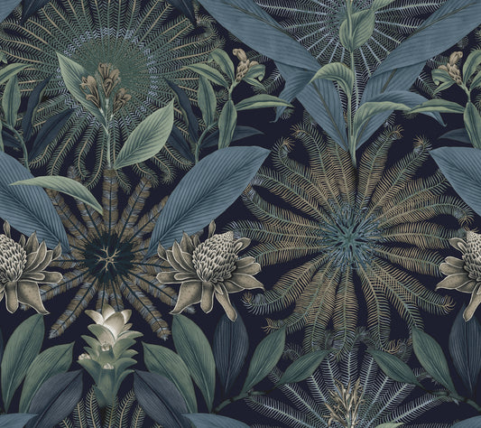 York Wallcoverings Ronald Redding Enchanted Garden Navy Tropical Wallpaper Botanical Bohemian Navy  Wallpaper - VR1532
