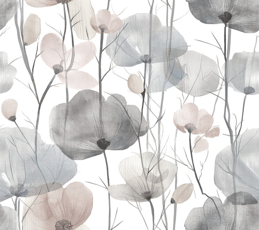York Wallcoverings Ronald Redding Cotswolds Poppies Grey Floral Wallpaper Botanical Bohemian Grey  Wallpaper - VR1534