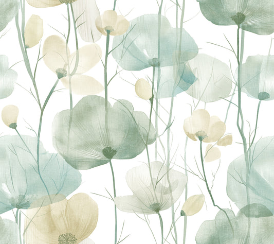 York Wallcoverings Ronald Redding Cotswolds Poppies Turquoise Floral Wallpaper Botanical Bohemian Turquoise  Wallpaper - VR1539