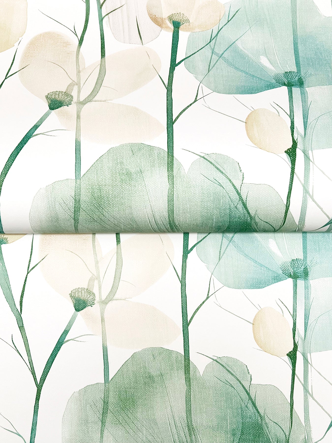 Ronald Redding Cotswolds Poppies Turquoise Floral Wallpaper (VR1539) showing aqua and turquoise poppies with sage and beige leaves — floral pattern ideal for accent wall or full room makeover.
