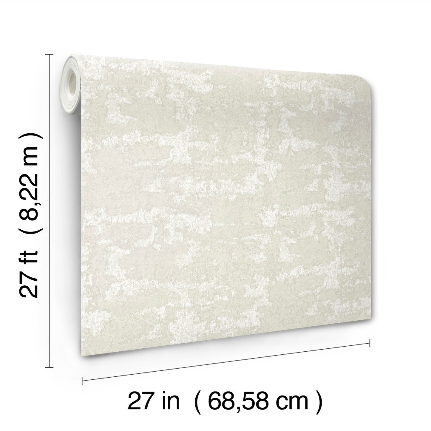 Creamy off-white textured wallpaper with subtle marbled pattern; 27 ft long by 27 in wide.