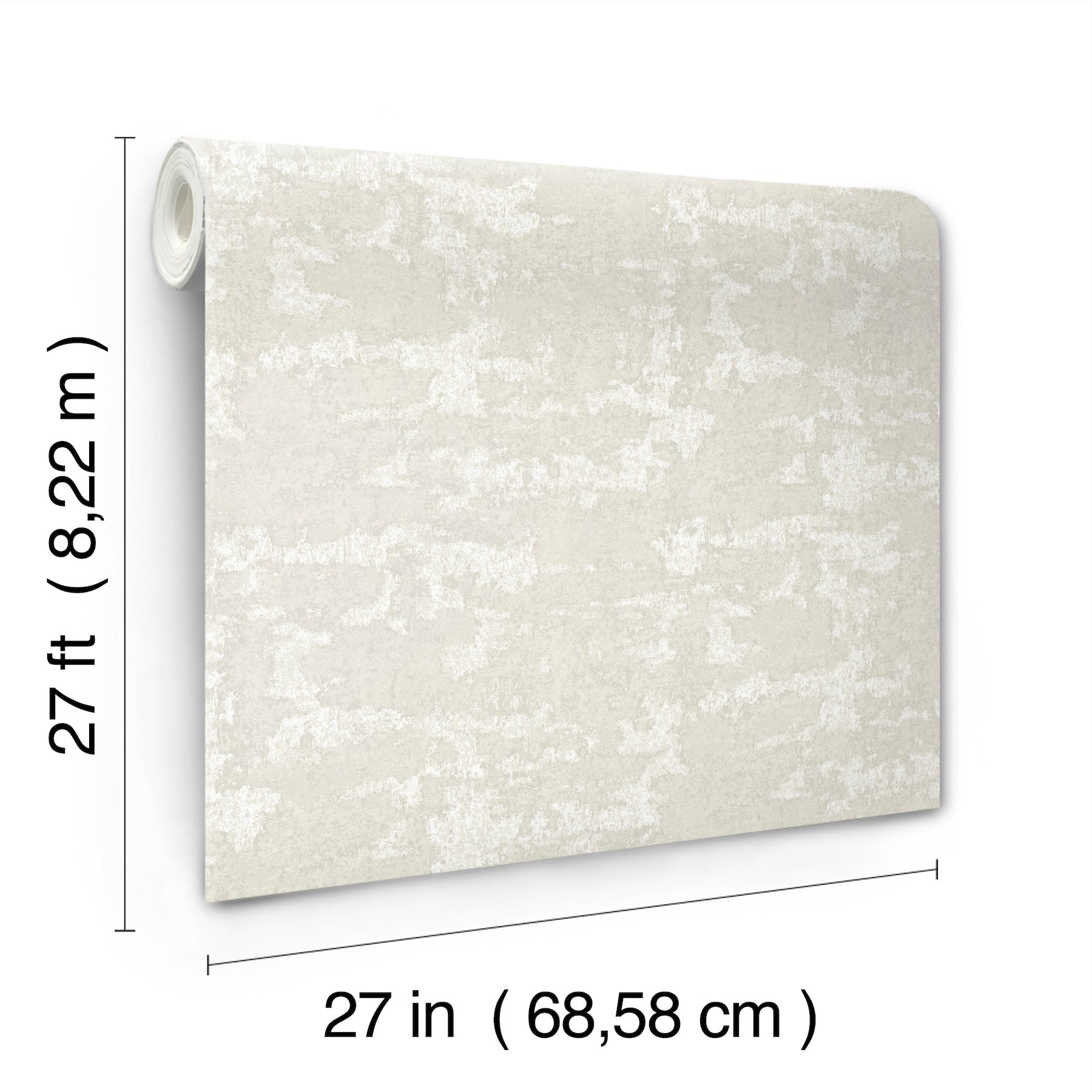 Creamy off-white textured wallpaper with subtle marbled pattern; 27 ft long by 27 in wide.
