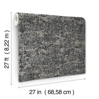 Granite-speckled wallpaper roll in charcoal grey and black, 27 in wide by 27 ft long.