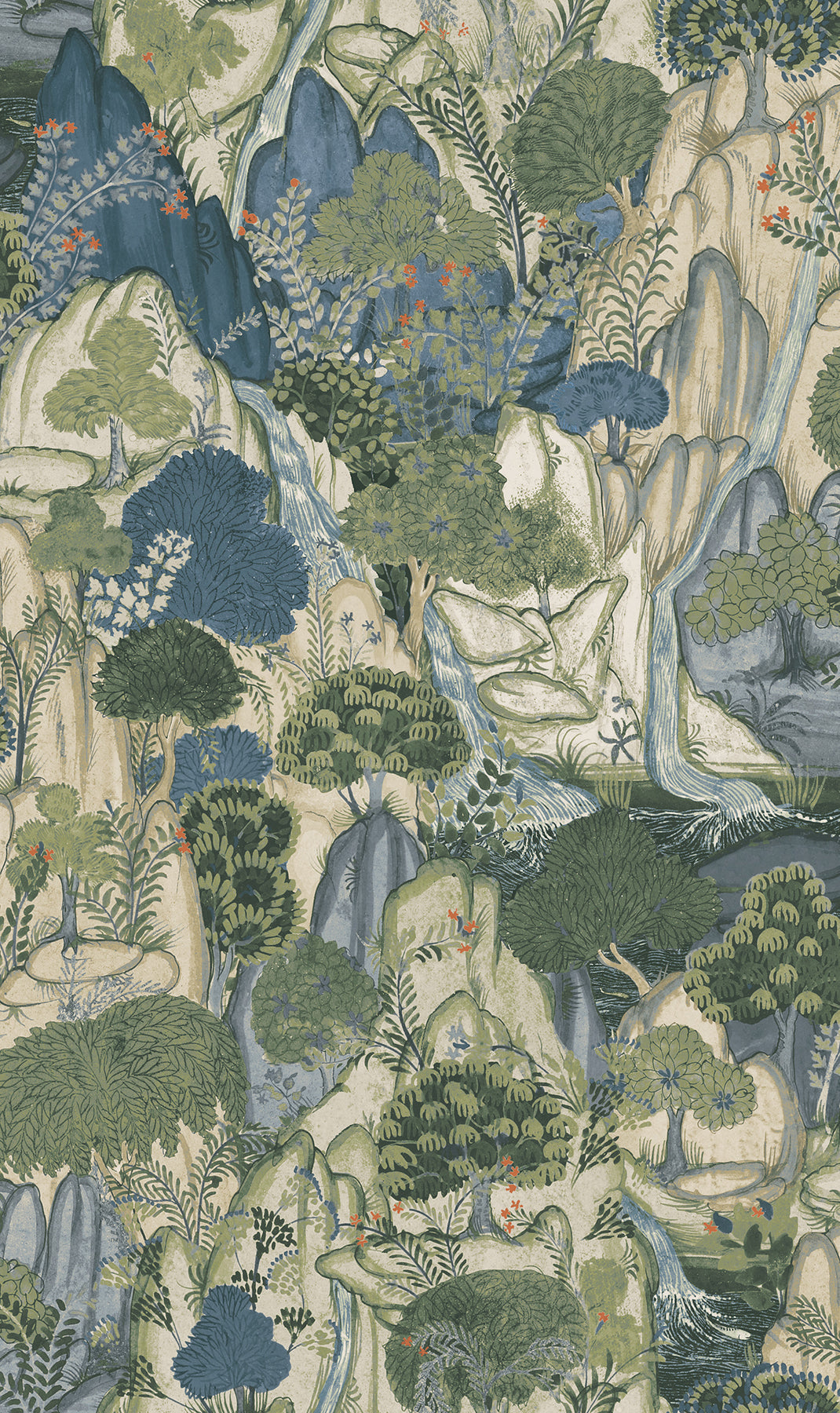 Chinoiserie landscape wallpaper featuring rocks, trees, and waterfalls in blue, green, and beige tones.
