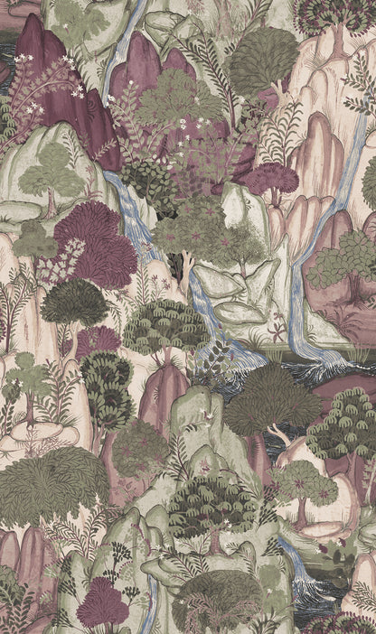 Wallpaper depicting a tapestry-style mountainside with cascading waterfalls, rocks, and dense trees in muted greens, purples, and pinks.