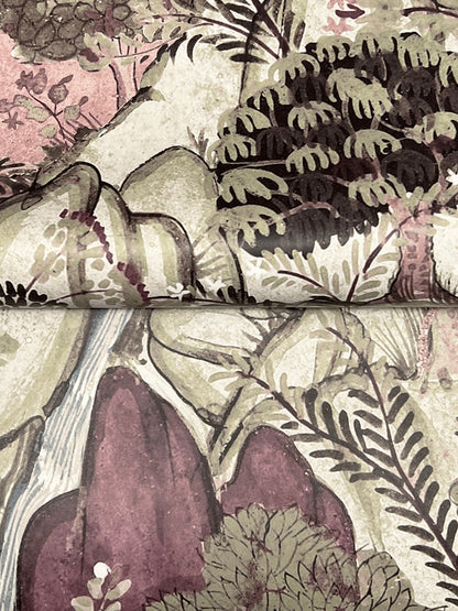 Muted botanical wallpaper with ferns and rocks in pink, taupe, and sage on a plum background.