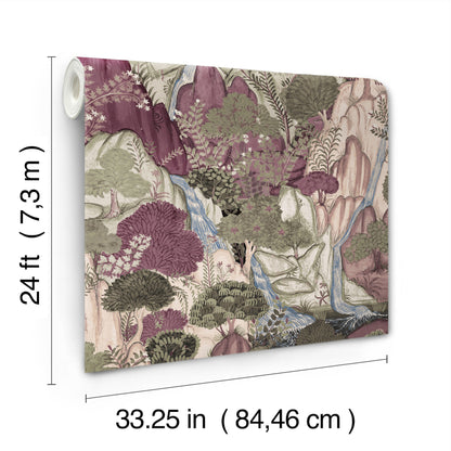 Large botanical wall tapestry with purple-green trees and a waterfall; rolled fabric panel, 24 ft by 33 in.