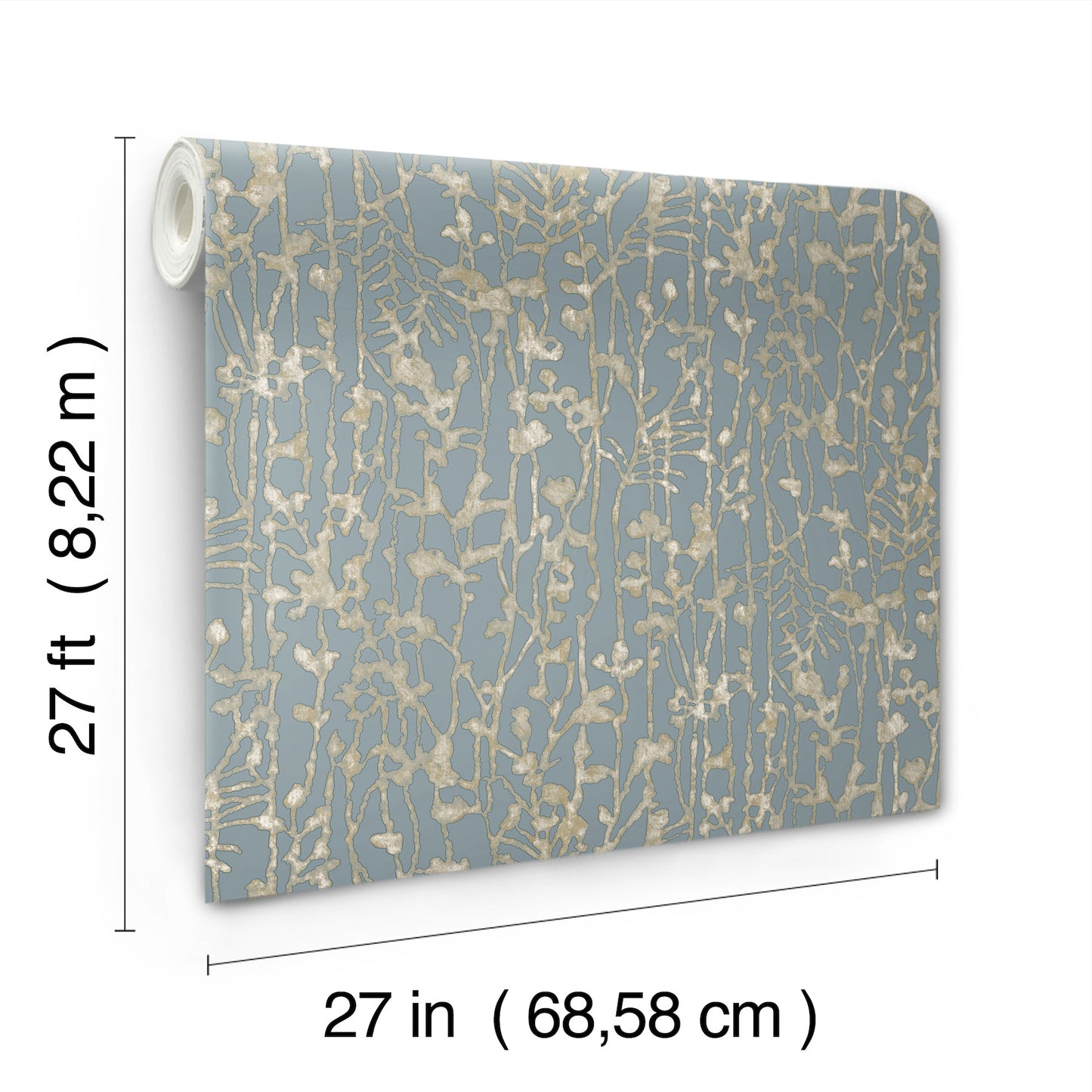 Blue-gray wallpaper with gold metallic botanical branch motif on a roll; 27 in x 27 ft.