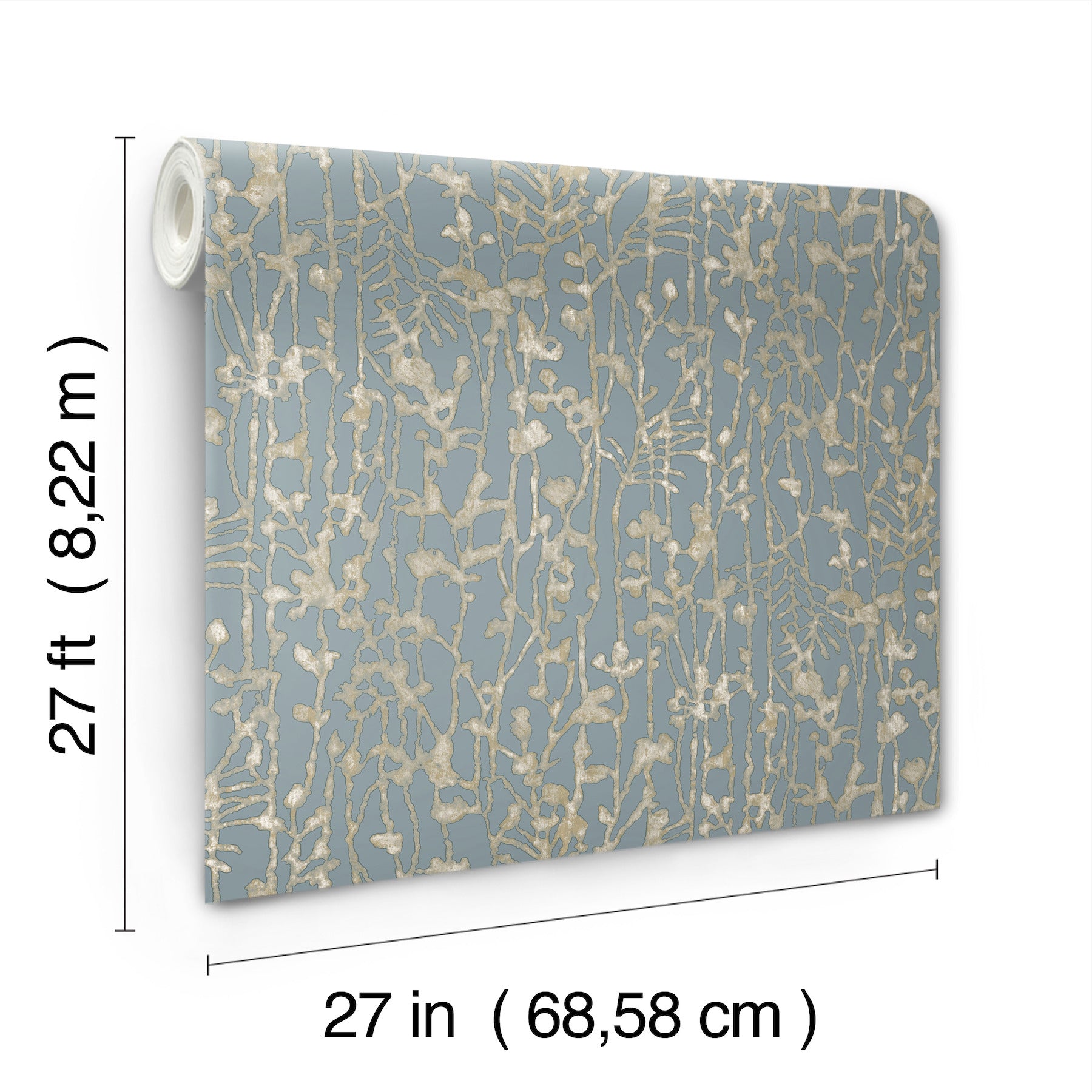 Blue-gray wallpaper with gold metallic botanical branch motif on a roll; 27 in x 27 ft.