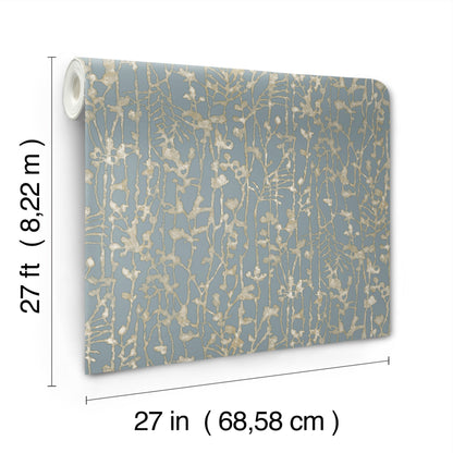 Blue-gray wallpaper with gold metallic botanical branch motif on a roll; 27 in x 27 ft.