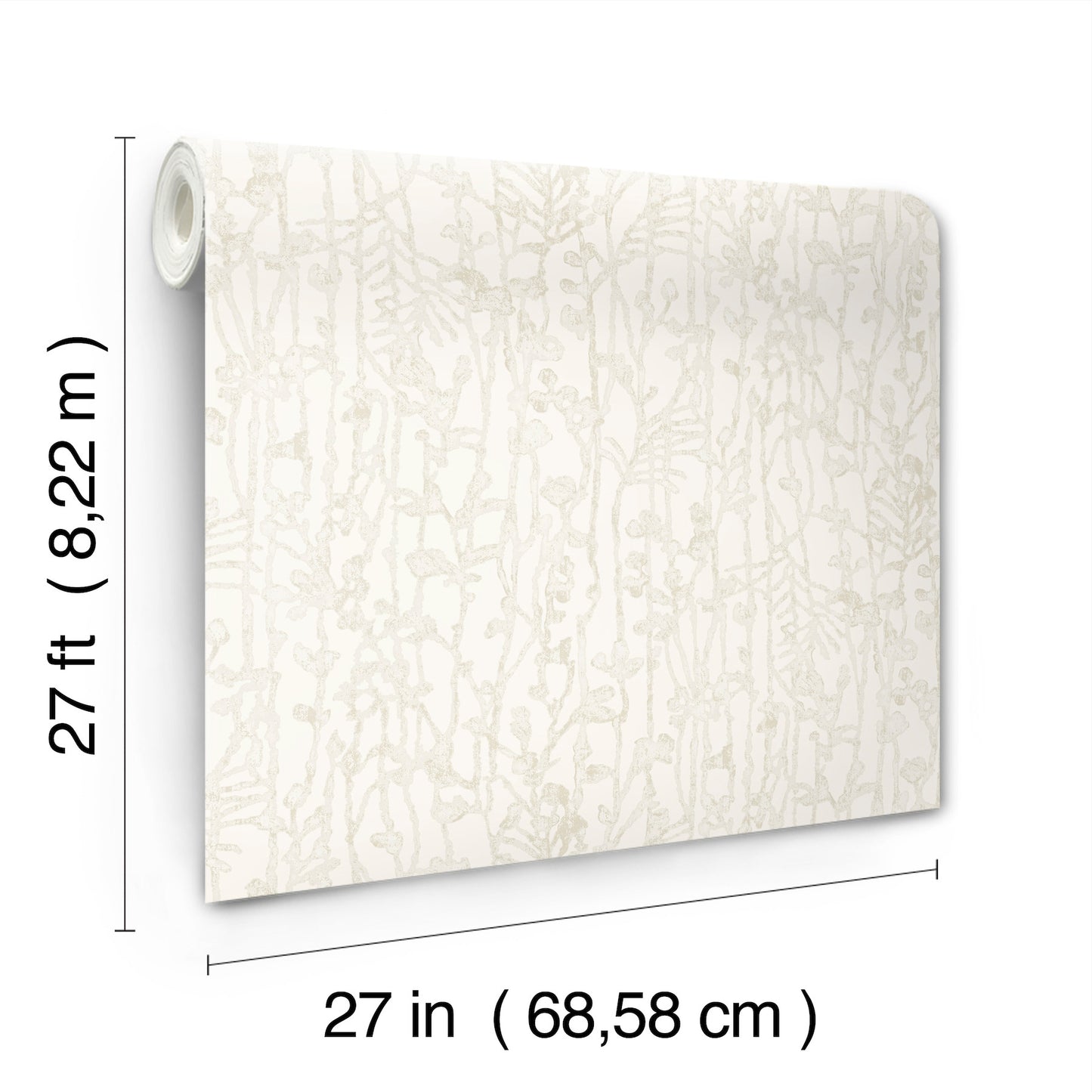Cream wallpaper with beige abstract filigree pattern, rolled sample, 27 in wide by 27 ft long.