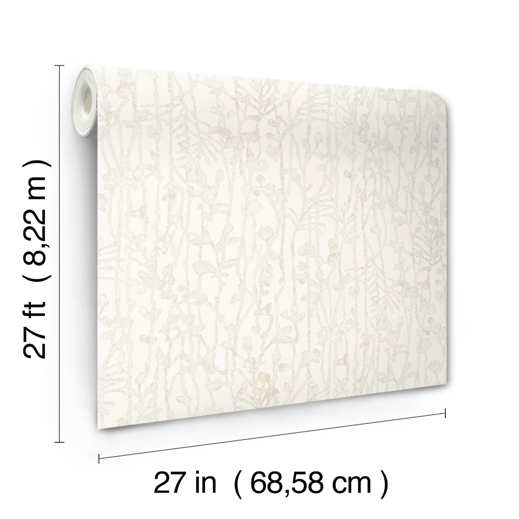 Cream wallpaper with beige abstract filigree pattern, rolled sample, 27 in wide by 27 ft long.