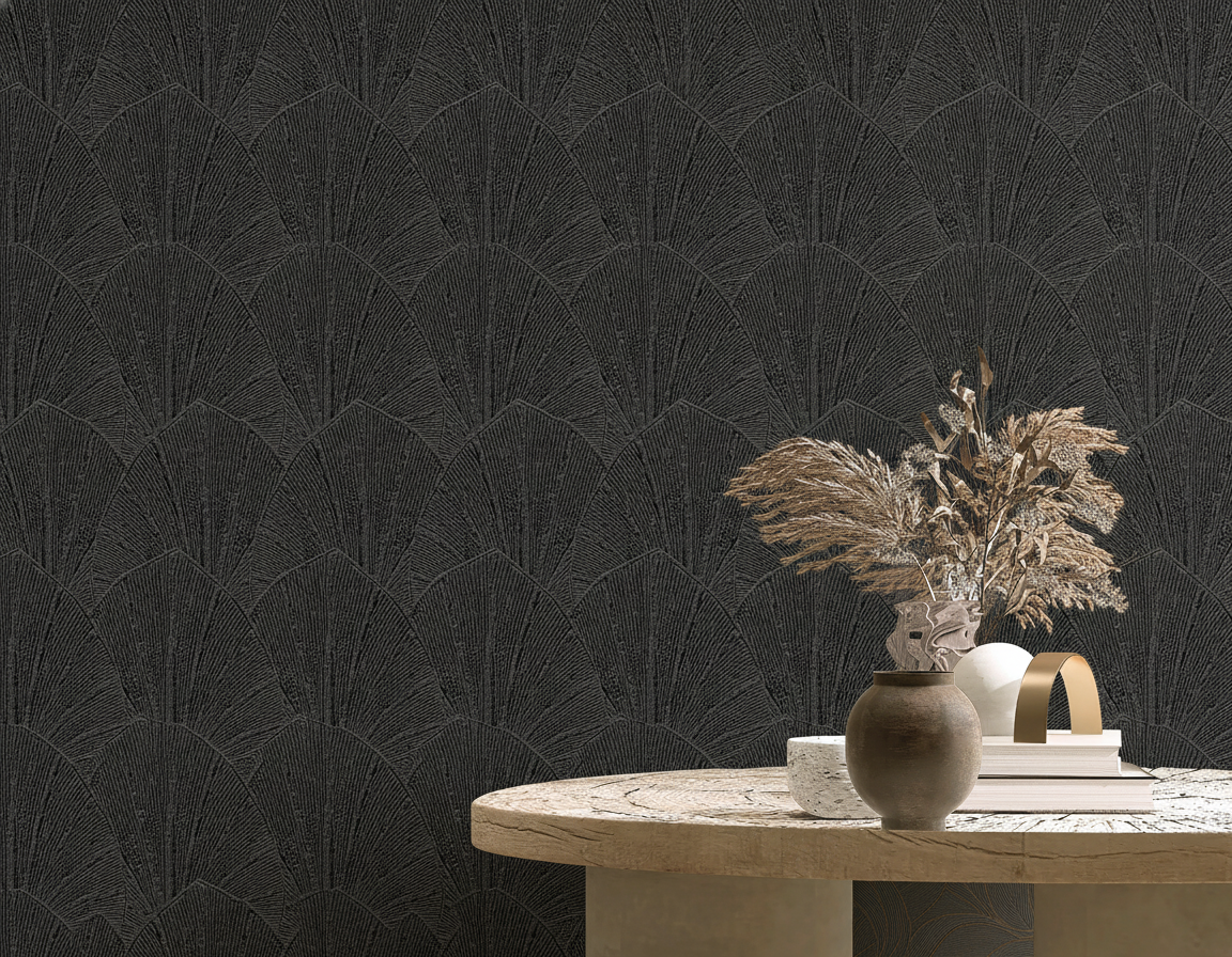 VEER DECOR Sculpted Fan Leaf Wallpaper Tropical; Botanical Transitional black  Wallpaper - VRMB315-1060