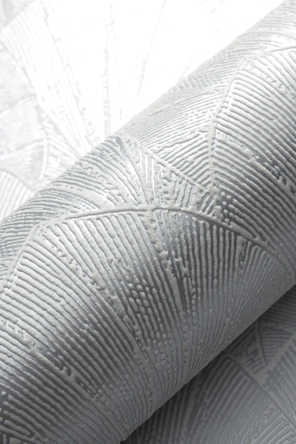 VEER DECOR Sculpted Fan Leaf Wallpaper Tropical; Botanical Transitional silver  Wallpaper - VRMB329-1060