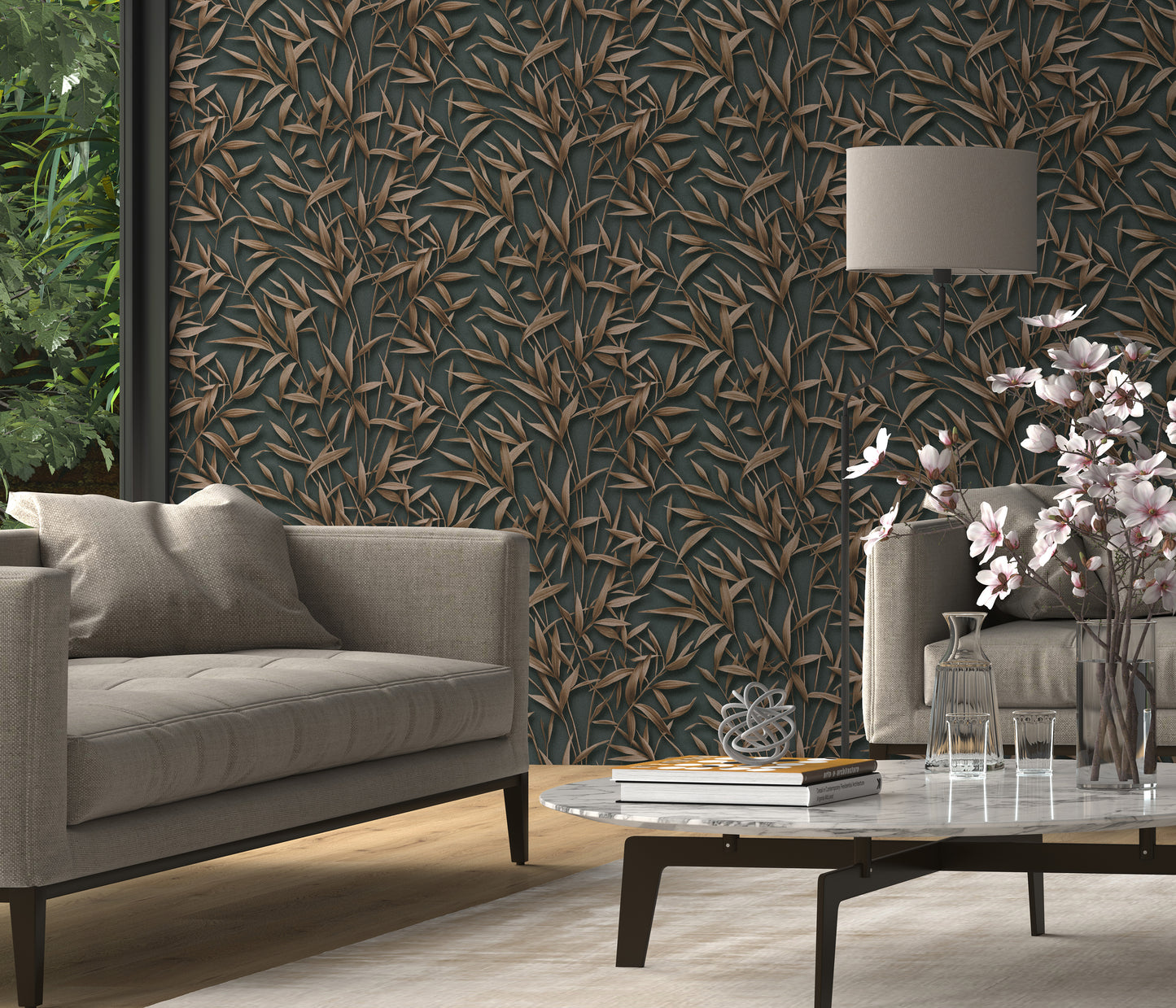 VEER DECOR Sylvan Bamboo Fronds Wallpaper Tropical; Botanical Transitional anthracite  Wallpaper - VRPH747-1058