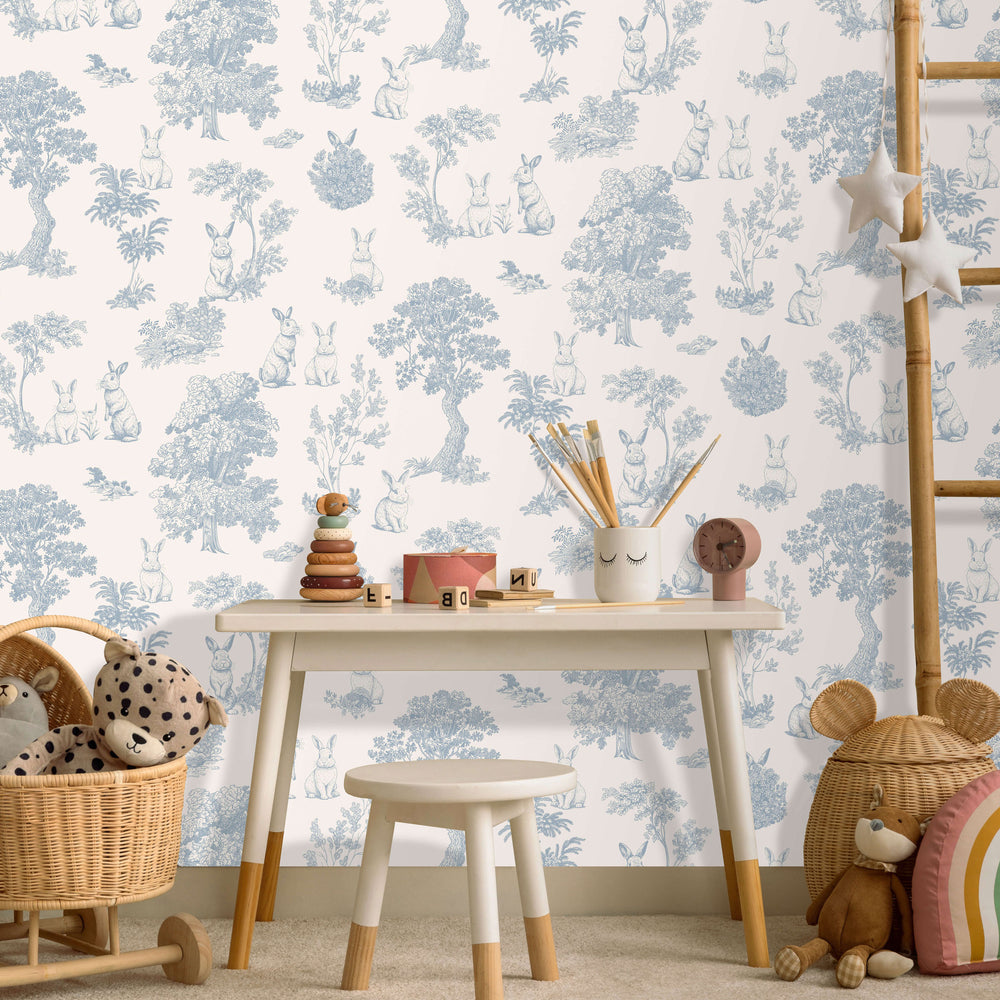 VEER DECOR Cottontails Bunny Toile Blue Wallpaper Kids;,Nurseries Kids Rooms, Nurseries Blue  Wallpaper - VRSD01-71
