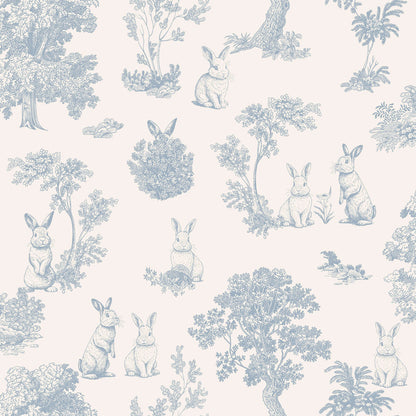 VEER DECOR Cottontails Bunny Toile Blue Wallpaper Kids;,Nurseries Kids Rooms, Nurseries Blue  Wallpaper - VRSD01-71