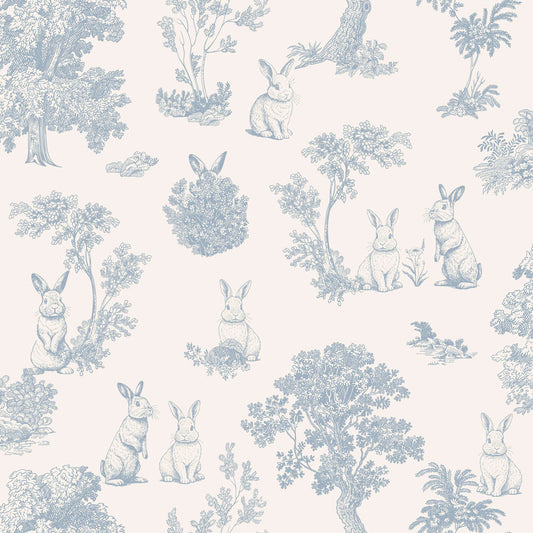 VEER DECOR Cottontails Bunny Toile Blue Wallpaper Kids;,Nurseries Kids Rooms, Nurseries Blue  Wallpaper - VRSD01-71