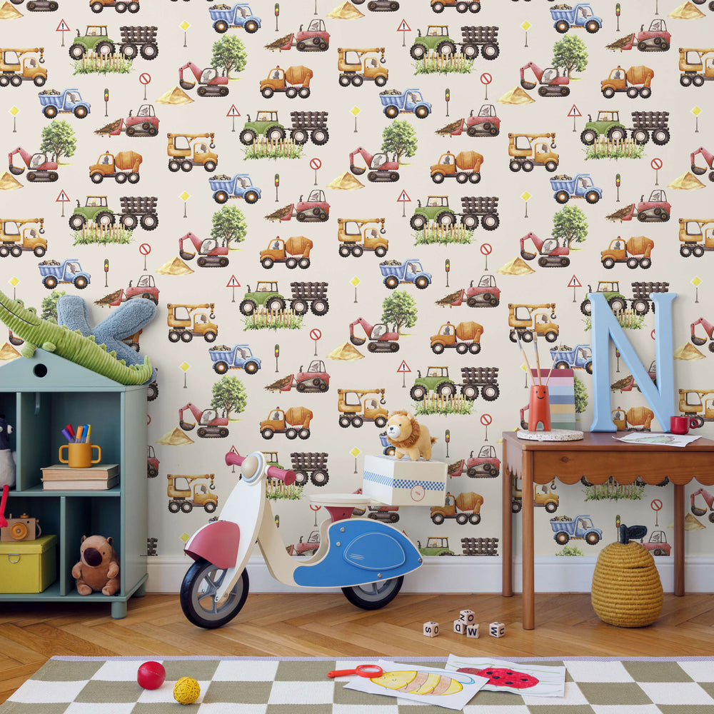 VEER DECOR Little Builders Beige Wallpaper Kids;,Nurseries Kids Rooms, Nurseries Beige  Wallpaper - VRSD07-69