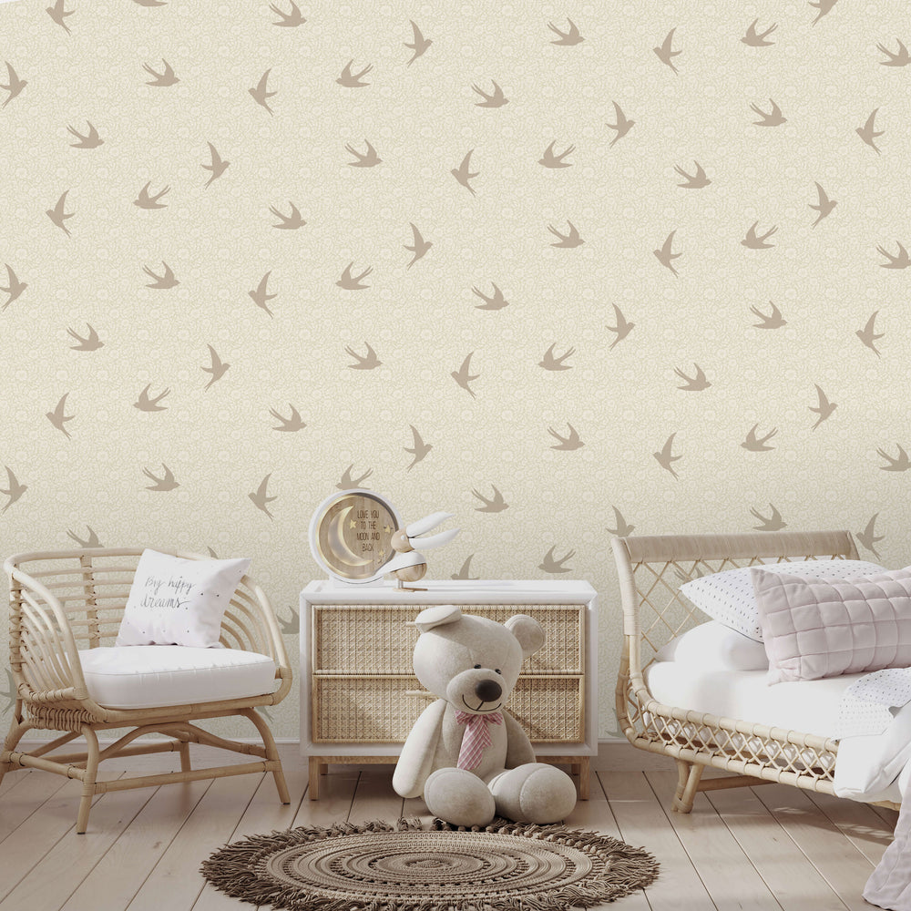 VEER DECOR Sparrow Silhouettes Beige Wallpaper Kids;,Nurseries Kids Rooms, Nurseries Beige  Wallpaper - VRSD07-70
