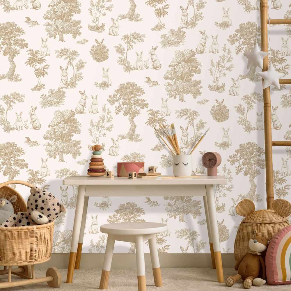 VEER DECOR Cottontails Bunny Toile Beige Wallpaper Kids;,Nurseries Kids Rooms, Nurseries Beige  Wallpaper - VRSD07-71