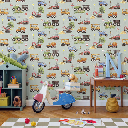 VEER DECOR Little Builders Grey Wallpaper Kids;,Nurseries Kids Rooms, Nurseries Grey  Wallpaper - VRSD09-69