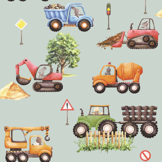 VEER DECOR Little Builders Grey Wallpaper Kids;,Nurseries Kids Rooms, Nurseries Grey  Wallpaper - VRSD09-69
