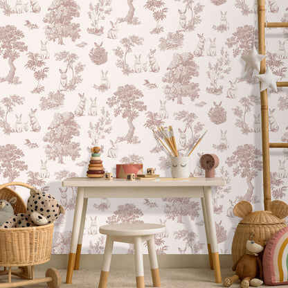 VEER DECOR Cottontails Bunny Toile Red Wallpaper Kids;,Nurseries Kids Rooms, Nurseries Red  Wallpaper - VRSD10-71