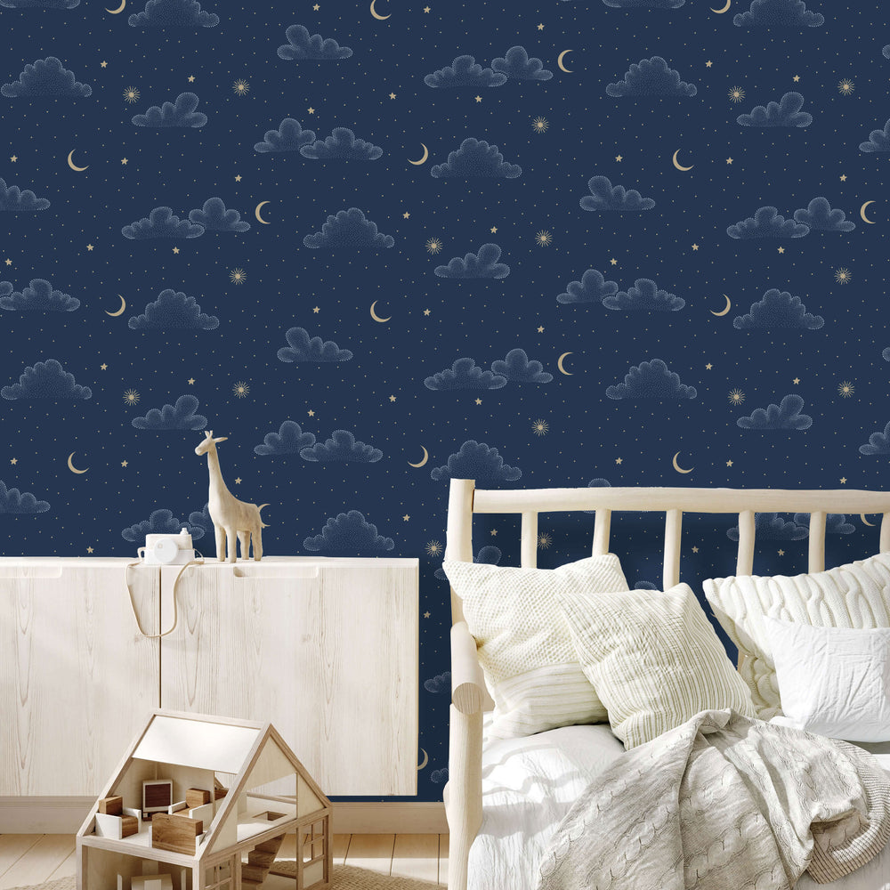 VEER DECOR Moonlit Mist Navy Blue Wallpaper Kids;,Nurseries Kids Rooms, Nurseries Navy,Blue  Wallpaper - VRSD11-73