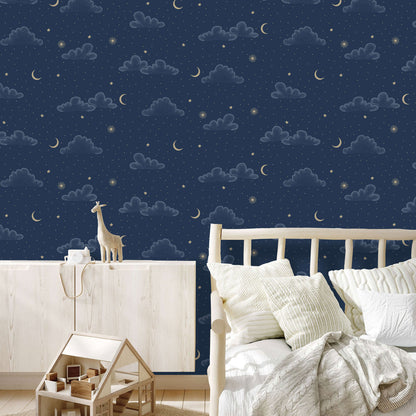 VEER DECOR Moonlit Mist Navy Blue Wallpaper Kids;,Nurseries Kids Rooms, Nurseries Navy,Blue  Wallpaper - VRSD11-73