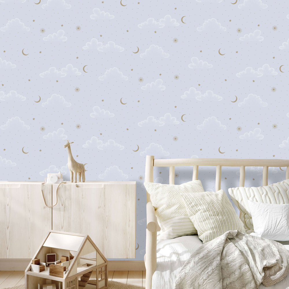 VEER DECOR Moonlit Mist Blue Wallpaper Kids;,Nurseries Kids Rooms, Nurseries Blue  Wallpaper - VRSD21-73