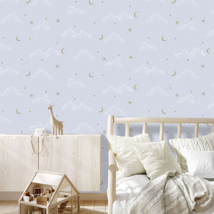 VEER DECOR Moonlit Mist Blue Wallpaper Kids;,Nurseries Kids Rooms, Nurseries Blue  Wallpaper - VRSD21-73