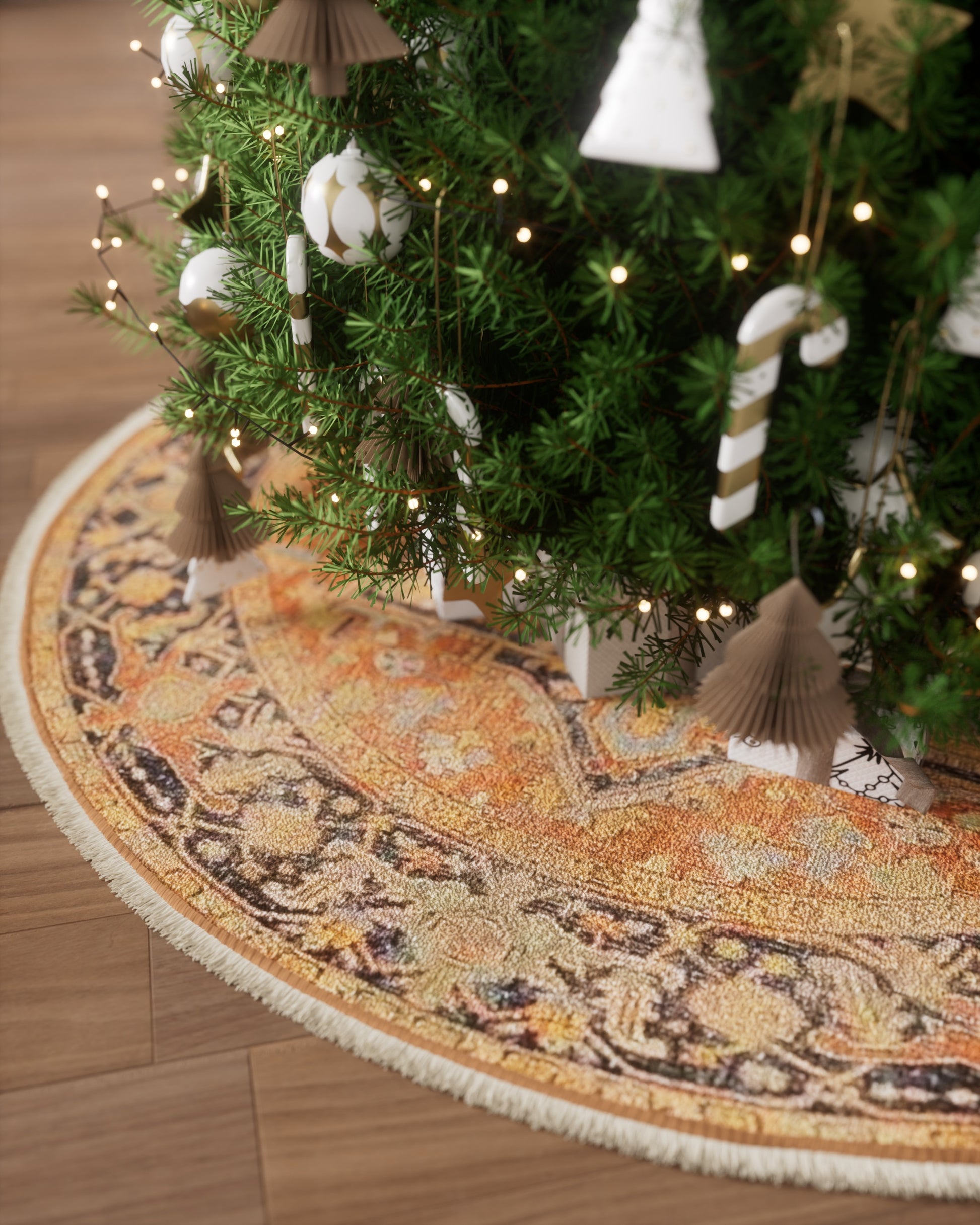 Small Christmas tree with white ornaments, candy-cane garlands and warm lights on a patterned round tree skirt.