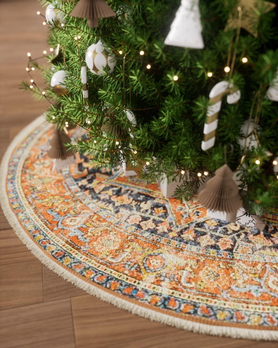 Circular tree skirt in orange, blue and cream pattern with fringe under a Christmas tree with candy-cane ornaments.