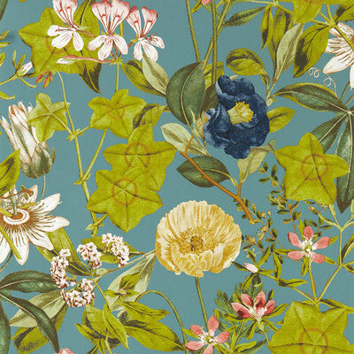 CLARKE AND CLARKE PASSIFLORA PRINT---BOTANICAL & FLORAL TURQUOISE,MULTI,   - W0143/01.CAC.0