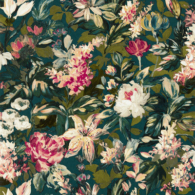 CLARKE AND CLARKE LILUM PRINT---BOTANICAL & FLORAL TEAL,PINK,   - W0158/04.CAC.0