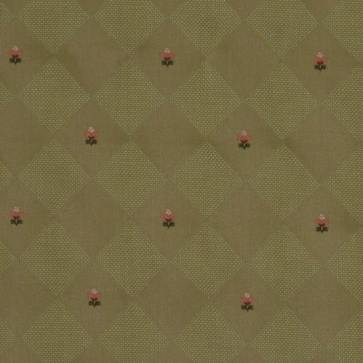 Olive-brown, diamond-patterned fabric with subtle woven texture and tiny pink rose accents.