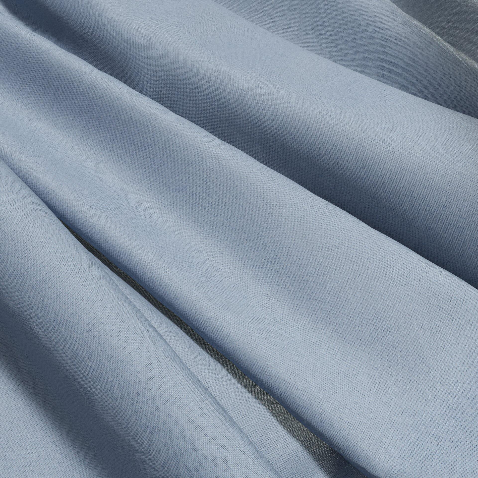 Blue and navy sheer fabric with soft drape and smooth weave, wide width.