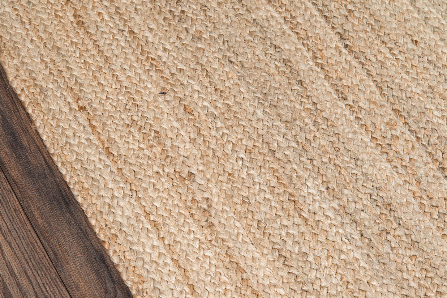 Natural beige woven jute rug runner with dark wood border, rustic coastal style.
