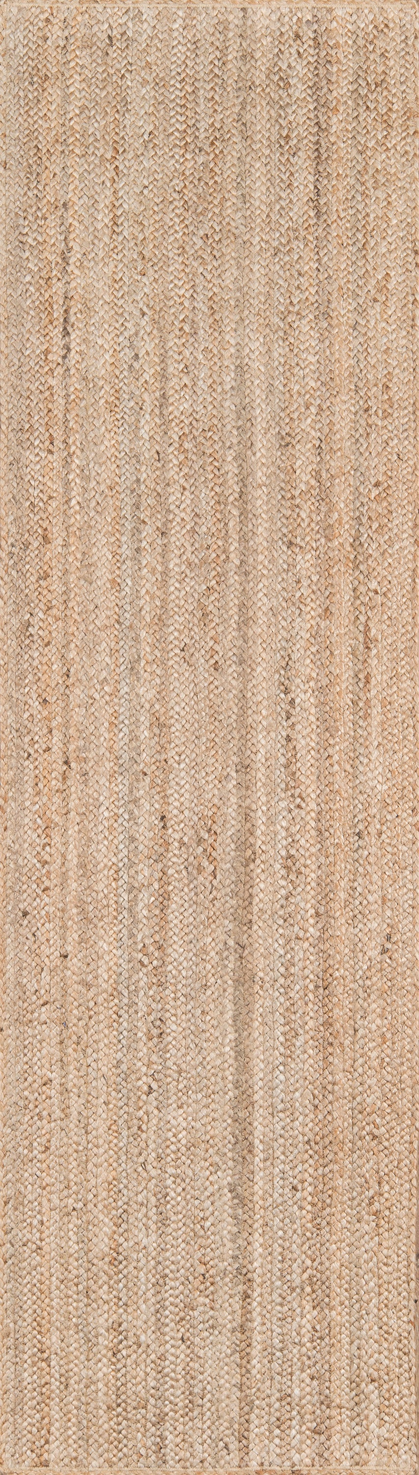 Beige textured rug runner with subtle vertical tan stripes.