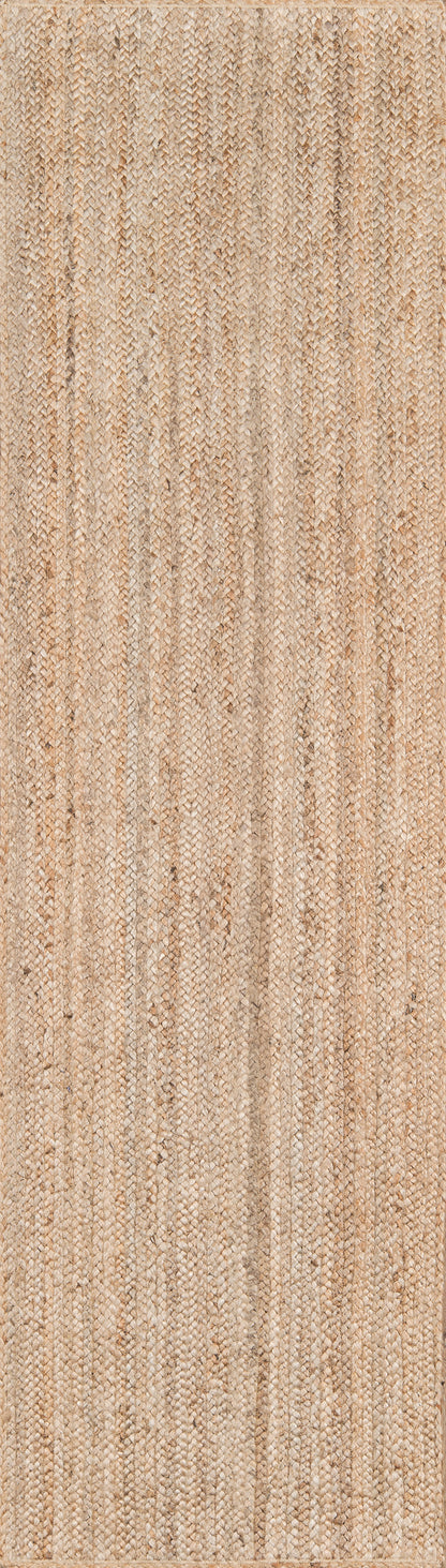 Beige textured rug runner with subtle vertical tan stripes.