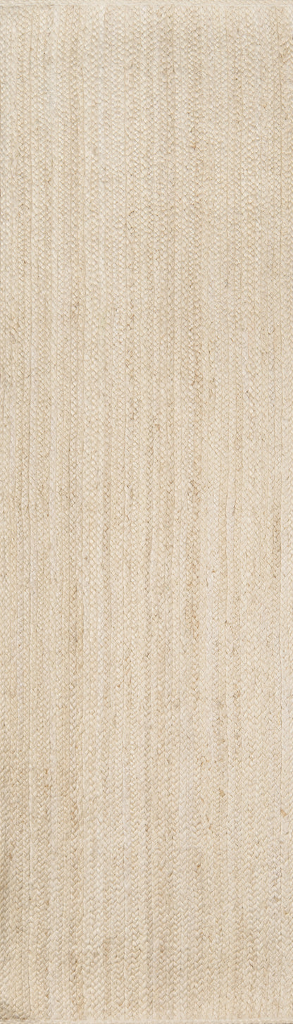 Natural beige linen-like woven rug with subtle vertical stripes, 2' x 8' runner.