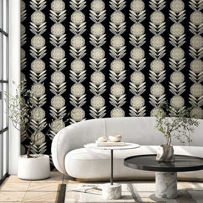 Seabrook Designs  Belle Floral Stripe Floral Contemporary Blacks   - WH41105