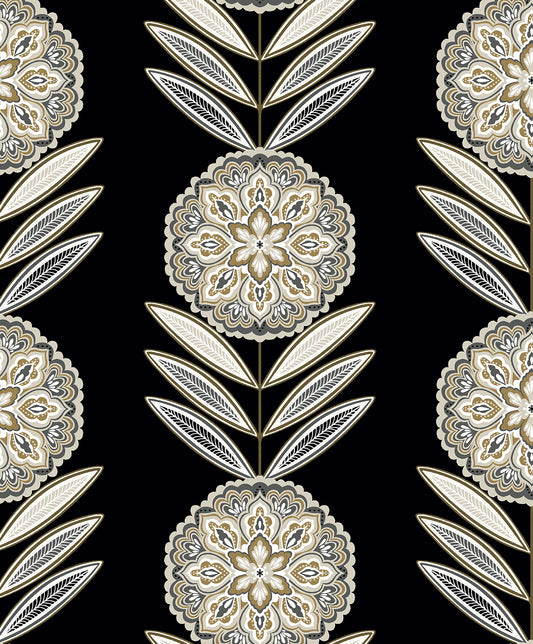 Seabrook Designs  Belle Floral Stripe Floral Contemporary Blacks   - WH41105