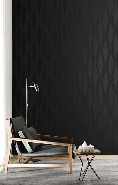 Seabrook Designs  Harmony Ikat Waves Abstract Contemporary Blacks   - WH41200