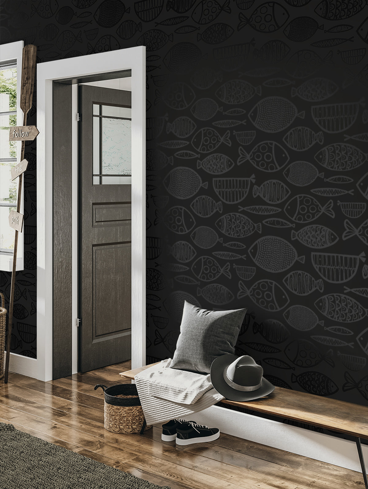 Seabrook Designs  Cadence Fish Animal Print Contemporary Blacks   - WH41400