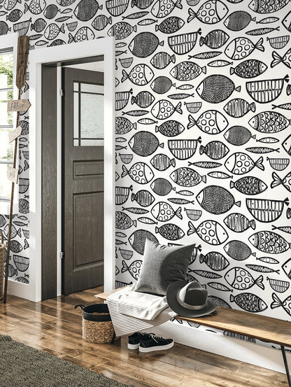 Seabrook Designs  Cadence Fish Animal Print Contemporary Blacks   - WH41420