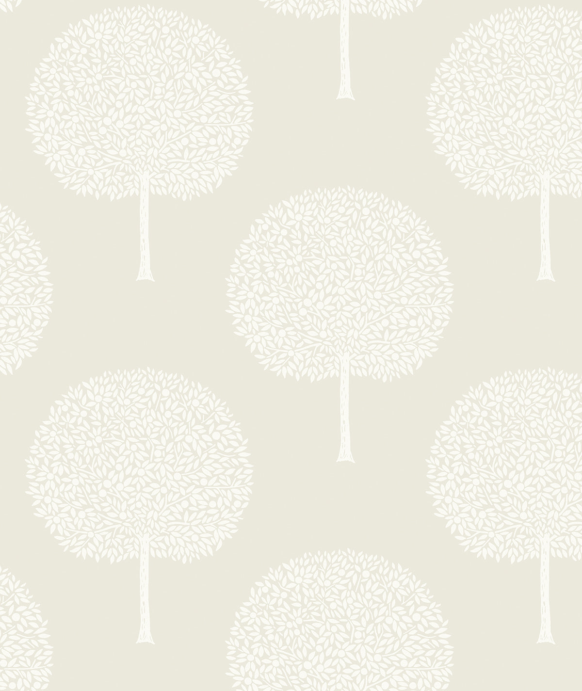 Gray wallpaper with repeating demi tree silhouettes in a botanical contemporary pattern.