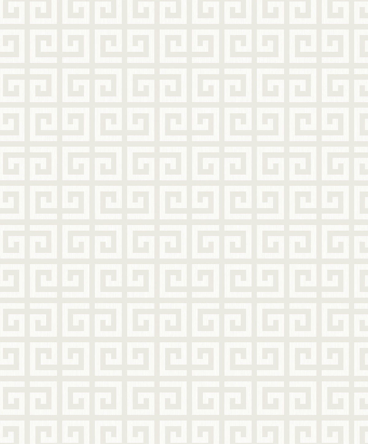 Wallpaper with a repeating Greek key geometric pattern in pale gray on an off-white background.