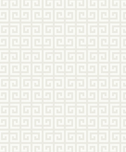 Wallpaper with a repeating Greek key geometric pattern in pale gray on an off-white background.